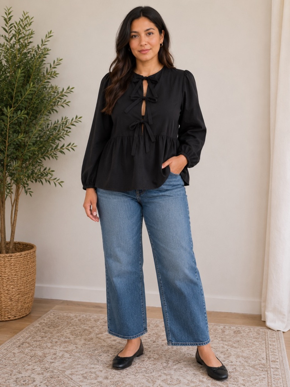 Black Bow Front Peplum Top – Size Medium